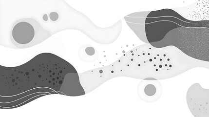 Abstract grayscale shapes and dots on white background.