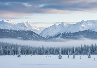 Winter wonderland, snow-covered mountains, misty peaks, frosted pine forest, panoramic