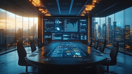 Fototapeta na wymiar Modern boardroom with high-tech displays showcasing data and city skyline views.