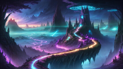 Fototapeta premium Illustration of an anime landscape background filled with fantasy adventure vibes, featuring glowing paths winding through mystical terrain..