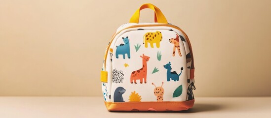 A kids' colorful backpack with cartoon animal prints, set on a neutral studio backdrop 