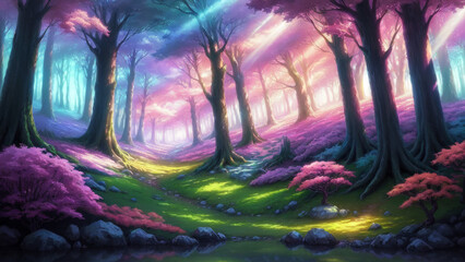 Fototapeta premium Illustration of an anime landscape background of a magical forest filled with ethereal glowing trees and colorful flora..