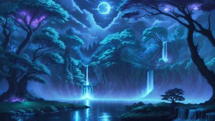 Fototapeta premium Illustration of an anime landscape background featuring a fantasy waterfall that glows softly in the moonlight, surrounded by magical trees. .