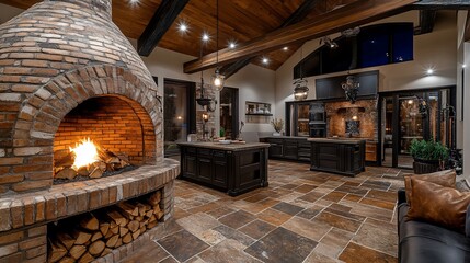 Cozy kitchen with a brick oven, wooden beams, and rustic decor.