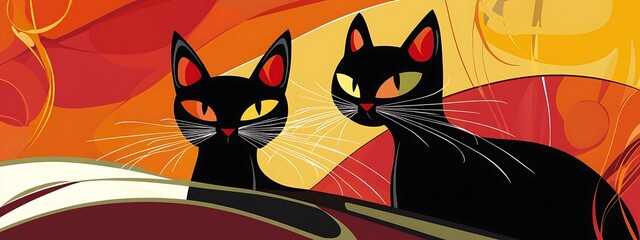 Two stylized black cats against an abstract warm-toned background.