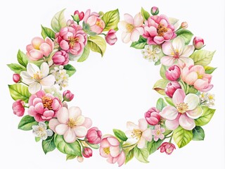 Aerial Watercolor Apple Blossom Wreath Greeting Card Design