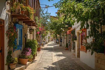 Obraz premium Charming cobblestone street lined with vibrant flowers and traditional houses in a picturesque village setting, capturing the essence of rural beauty and culture