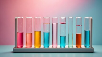 Colorful Test Tubes Arranged in a Laboratory With Vibrant Liquids Against a Pastel Background