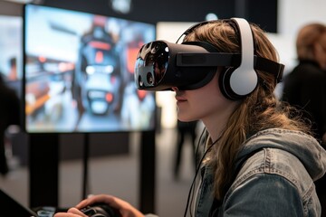 Young woman experiencing virtual reality technology at a modern exhibition, immersed in digital environment using VR headset and controller at tech event.