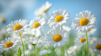 Fototapeta premium close up of cluster of wild daisies swaying gently in breeze, showcasing their vibrant white petals and bright yellow centers against soft blue background