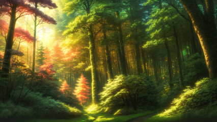 Illustration of an anime landscape background featuring dreamy nature scenes with a vibrant forest and glowing light filtering through the trees..