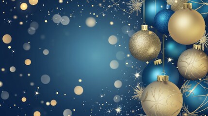 holiday web banner with shimmering gold and blue baubles