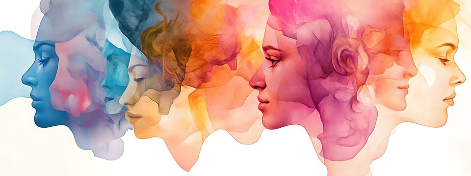 Abstract watercolor painting of diverse female faces in profile, symbolizing unity and diversity.