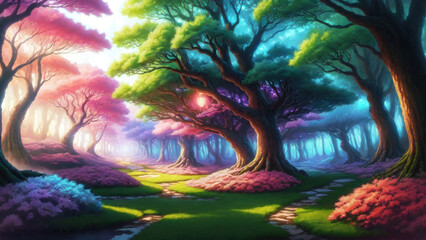 Fototapeta premium Illustration of an anime landscape background of a magical forest filled with ethereal glowing trees and colorful flora..