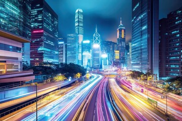 Obraz premium Vibrant Night Scene of Hong Kong's Skyscrapers with Bright Lights and Traffic Flow Along Busy Streets Captured in a Stunning Urban Landscape