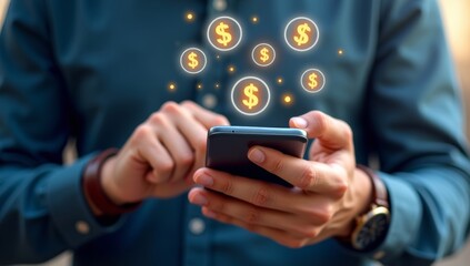 Person using smartphone with dollar signs appearing