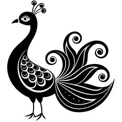 Elegant Peacock Line Art: Black and White Design with Decorative Floral Elements