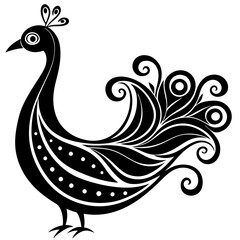 Elegant Peacock Line Art: Black and White Design with Decorative Floral Elements