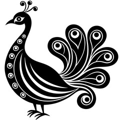 Elegant Peacock Line Art: Black and White Design with Decorative Floral Elements