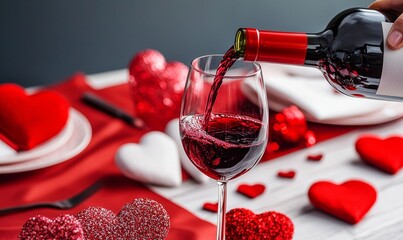 Valentine cozy dinner. Romantic dinner with red wine and heart decorations.