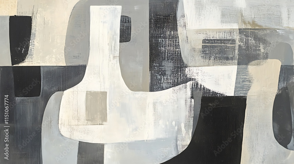 Poster Abstract grayscale painting with layered shapes and textures.