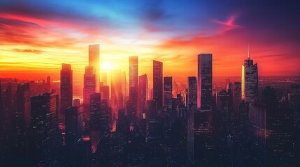 Fototapeta premium Vibrant Sunset Over A Modern City Skyline