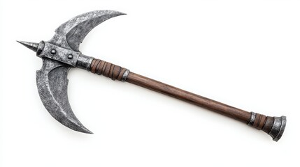 Medieval style curved battle axe with wooden handle and metal head showing fantasy weapon design against white background