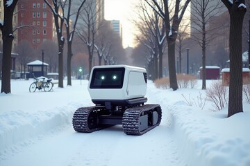 Explore Winter Wonders with Our Advanced White Snow Robot in a City Park Setting, Perfect for Tech Enthusiasts and Design Lovers.