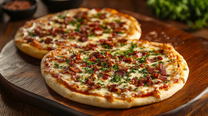 Delicious thin crust pizzas topped with bacon and herbs on wooden board, perfect for sharing and enjoying with friends