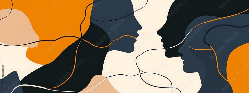 Poster Abstract art of two faces in profile, connected by flowing lines and shapes.
