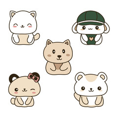 Set of Cheerful Cute Cat Kitten Dog Puppy Bear Rabbit Animal Mascot Cartoon Character