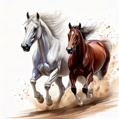 Fototapeta premium Majestic White and Brown Horses Galloping Together
