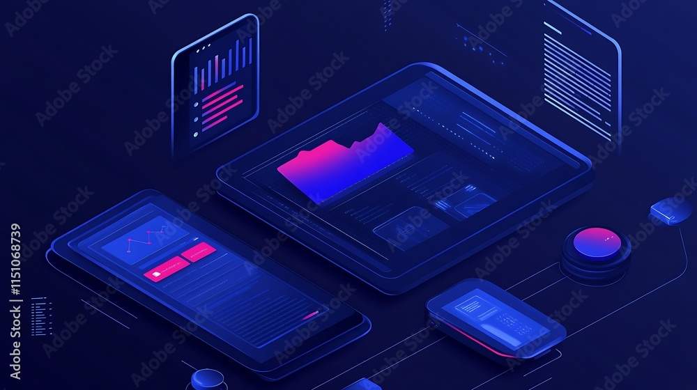 Poster Isometric view of digital devices displaying data.