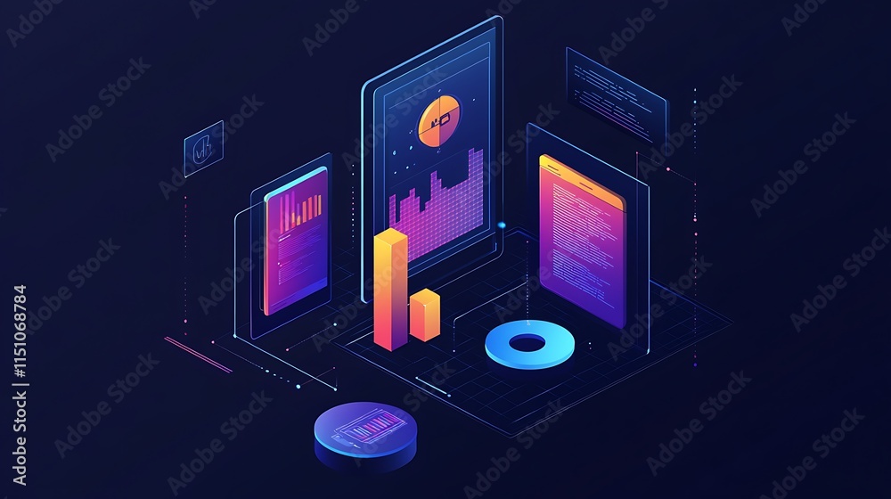 Aufkleber Isometric illustration of data analytics and visualization on digital devices.