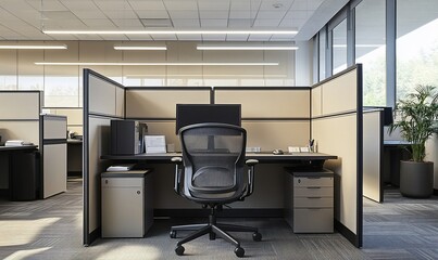 Modern office cubicle with a desk, chair, and computer setup.