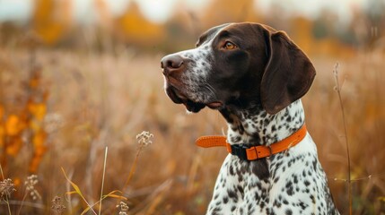 Alert hunting dog with spotted coat and orange collar looking into distance across golden autumn field during evening light