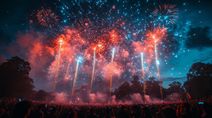 vibrant fireworks display lighting up night sky, captivating audience with colorful bursts and smoke. atmosphere is filled with excitement and wonder