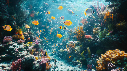 Fototapeta premium tropical fish swimming through a coral reef, vibrant and detailed underwater scenery