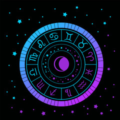 Astrology wheel with zodiac signs on a cosmic background. Horoscope vector illustration