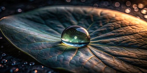 Obraz premium Macro lens captures a luminous dewdrop on a lotus leaf, stark against the night.