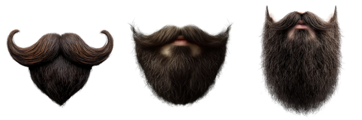 Set of a long, brown beard with a mustache, isolated on a transparent background.