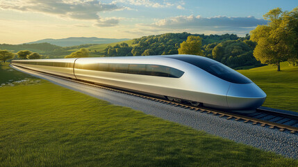 modern high-speed train speeding through a picturesque countryside landscape