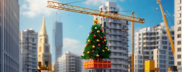 A construction crane hoists a festive Christmas tree above a bustling urban skyline, blending holiday cheer with city development.