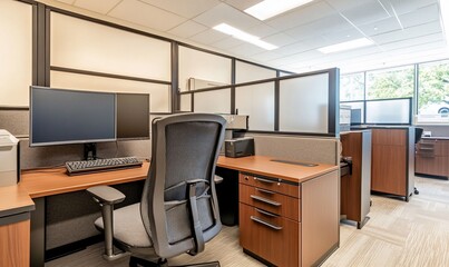 Modern office workspace featuring desks, computers, and collaborative areas.