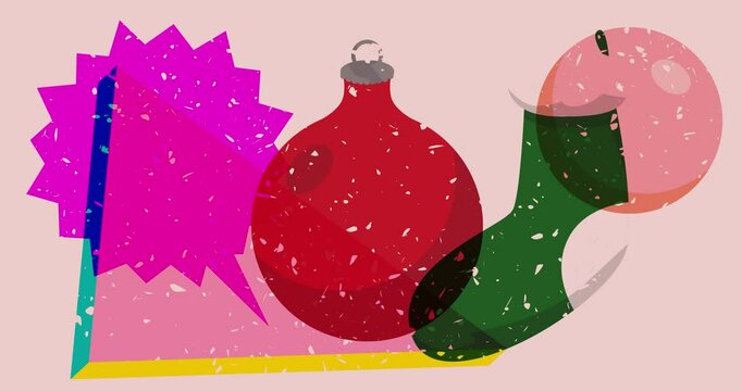 Risograph Christmas stocking and decoration ball and speech bubble with geometric shapes animation. Moving object in trendy riso graph design video.