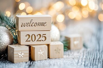 wooden blocks say "welcome 2025", new year concept 