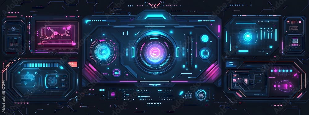 Poster futuristic digital interface with glowing neon displays and central control panel.