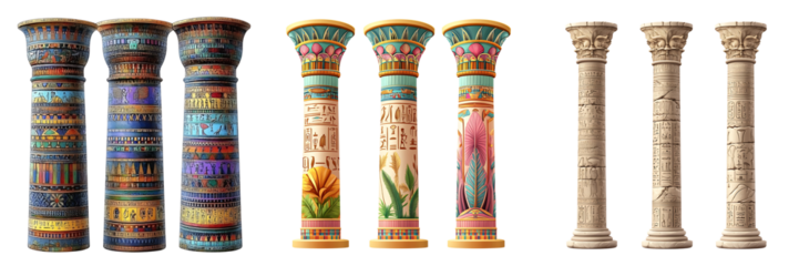 Set of Egyptian-style columns adorned with hieroglyphs, isolated on a transparent background.