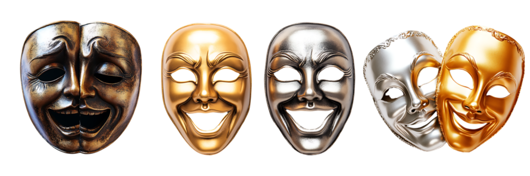 Set of theatrical masks, one happy and one sad, isolated on a transparent background.