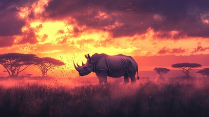 Fototapeta premium rhino stands majestically against a vibrant sunset landscape
